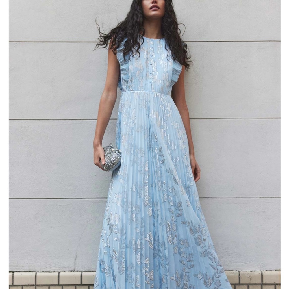 Self-Portrait Blue and Silver Flutter Sleeve Gown - Picture 3 of 7